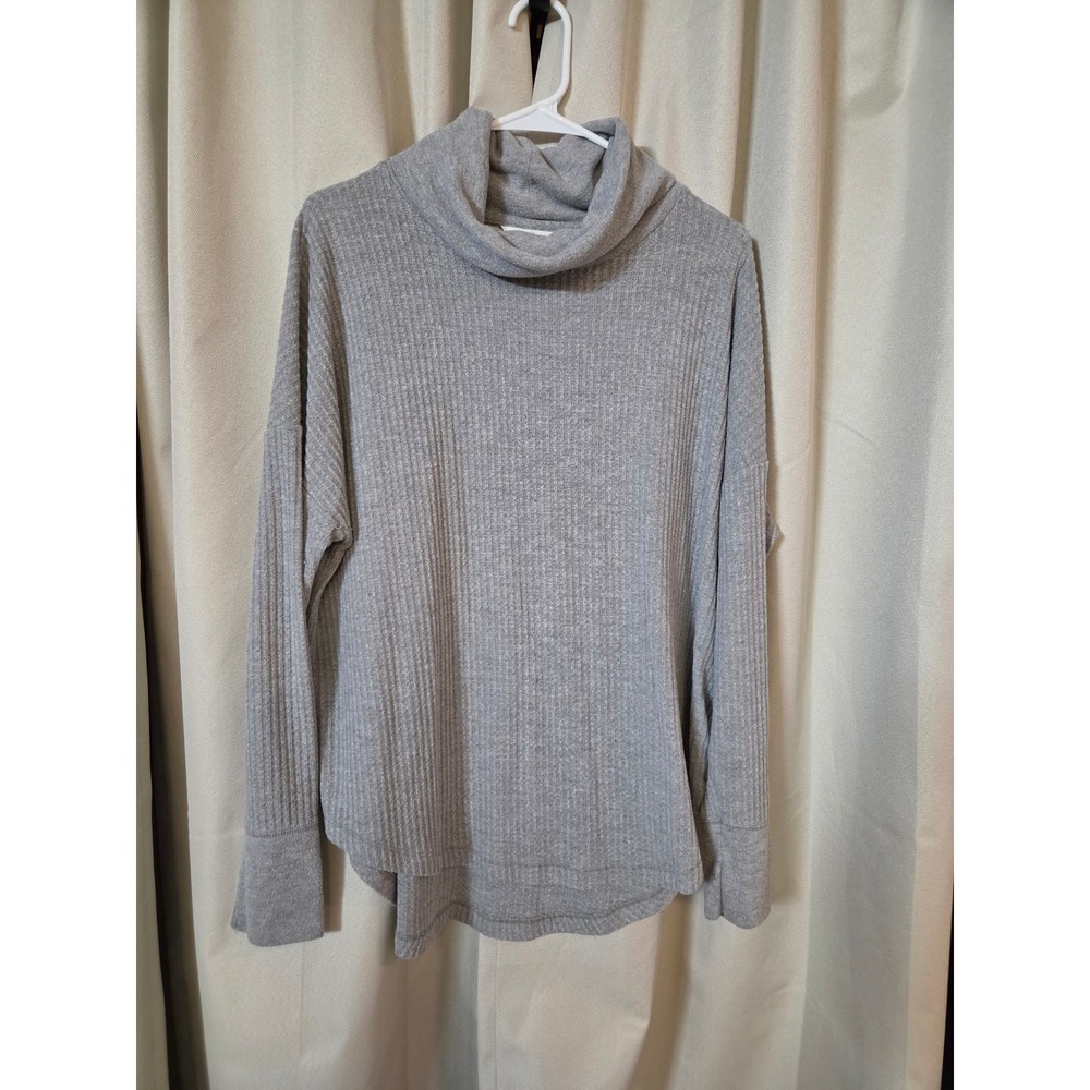 Time and Tru Women L 12-14 Gray Cowl Neck Waffle Rib Knit Long Sleeve Top